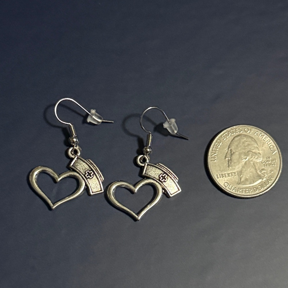 Silver Heart with Nursing Hat Earrings - Picture 3 of 5